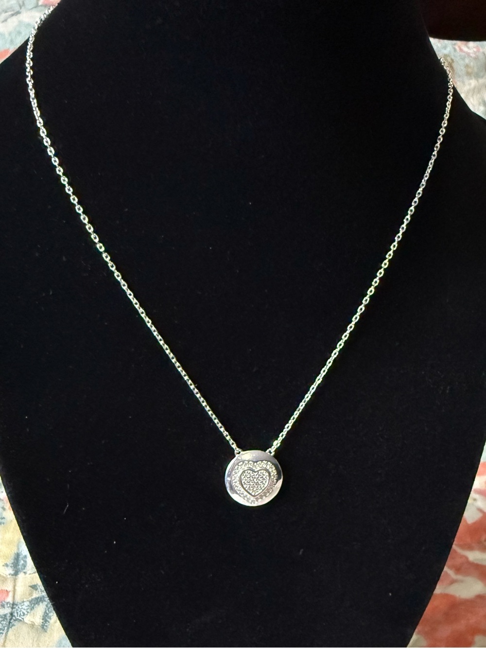 Dainty Silver Heart Disc Necklace with Pavé Accent - Women Jewelry